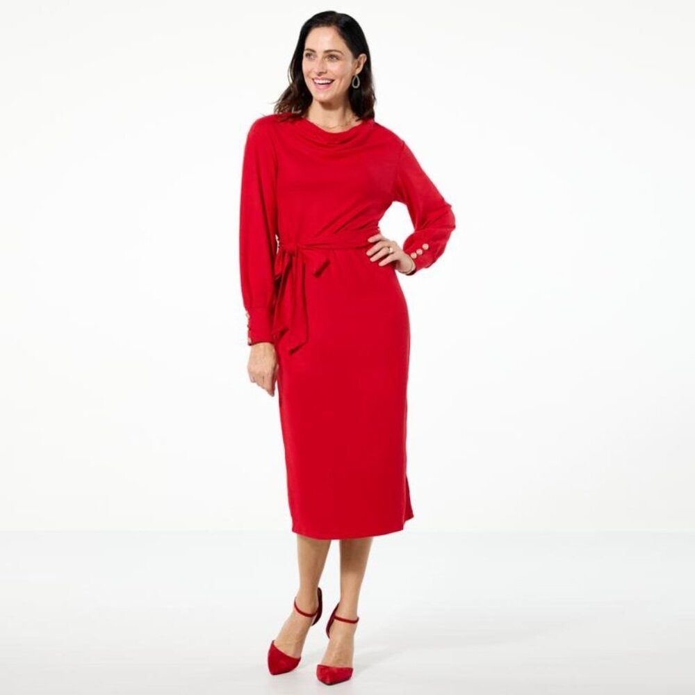 TWRHLL by Christie Brinkley Knit Cowl Neck Dress Size Medium Long Sleeve Elegant